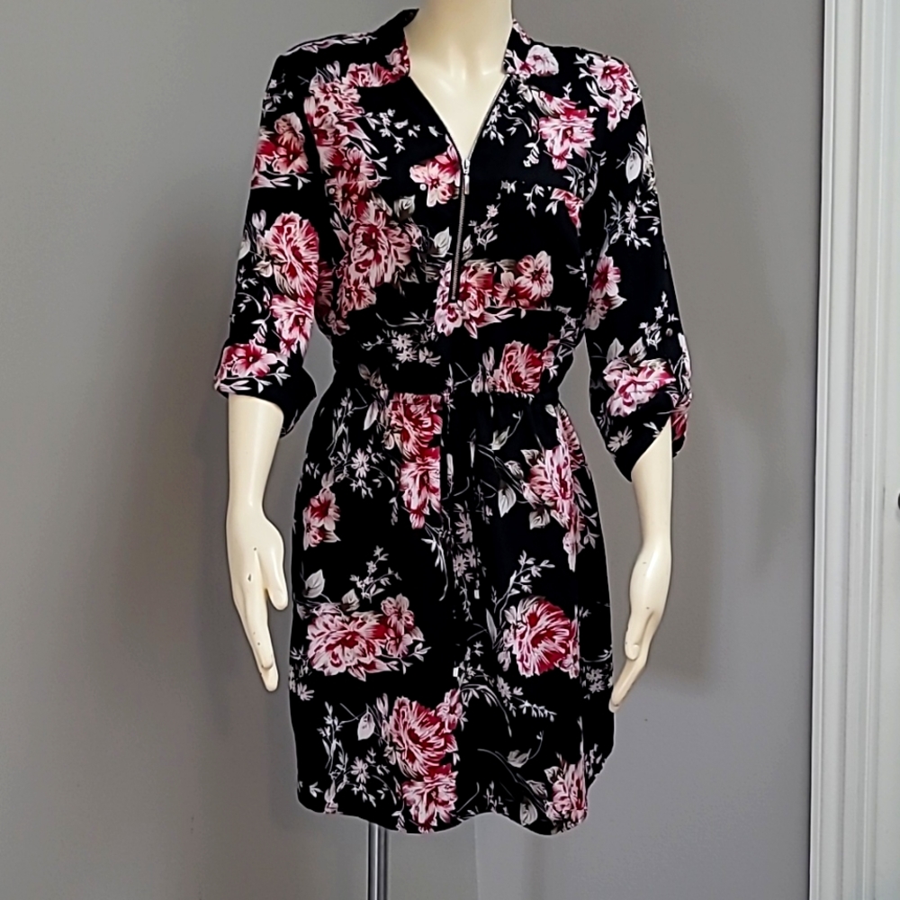 Dex shirt dress black w/pink florals elastic waist w pockets sz large